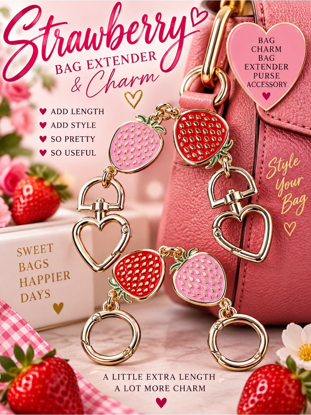 Strawberry & Heart Purse Strap Extender Red & Pink Charm Chain